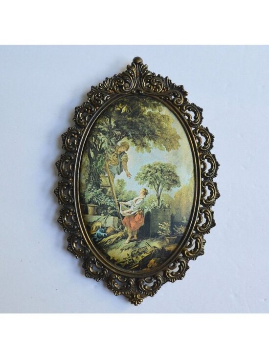 Other - Ornate Metal Frame Silk Fabric Artwork Image Print Vintage Oval